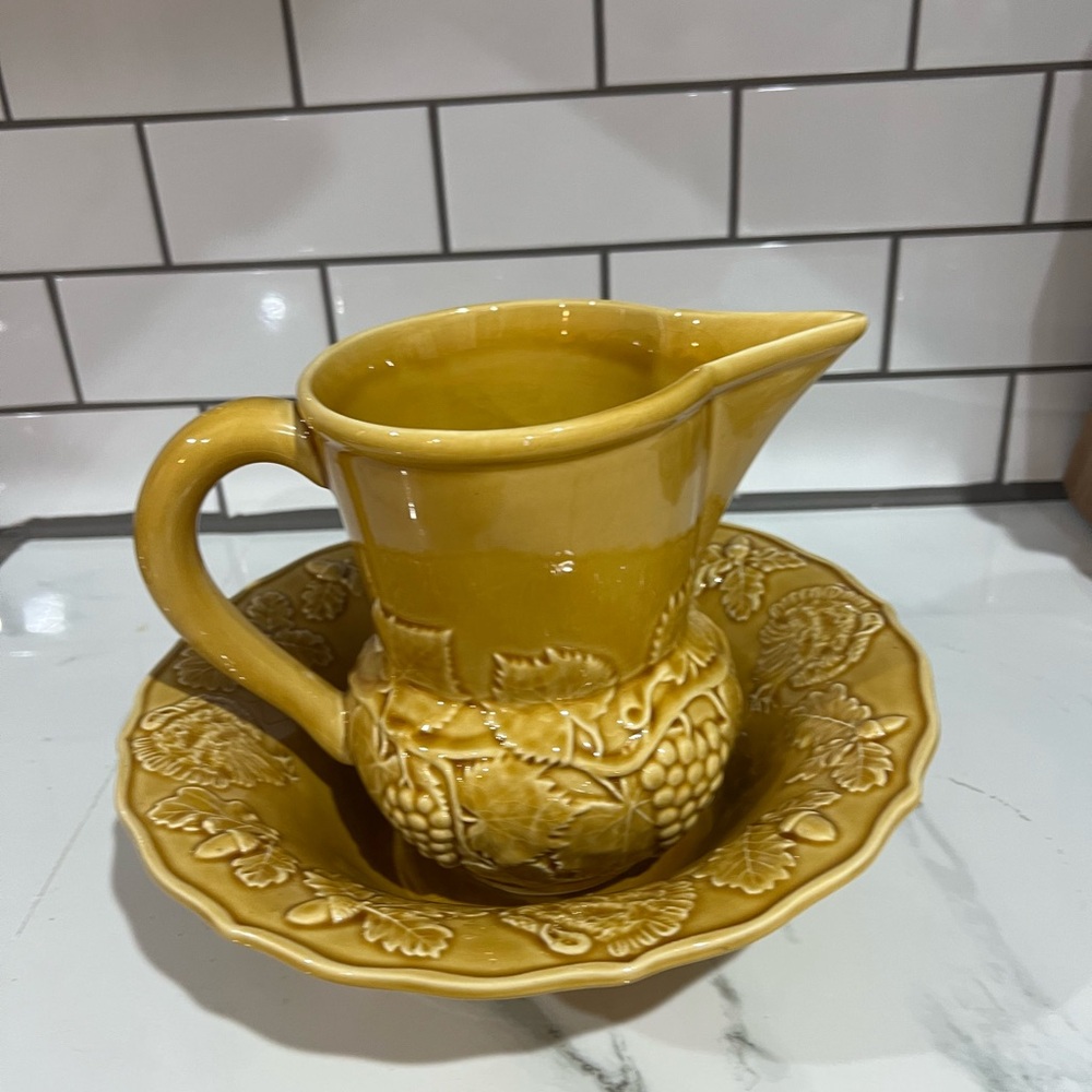 Bordallo Pinheiro Yellow Ceramic Pitcher and Bowl Set